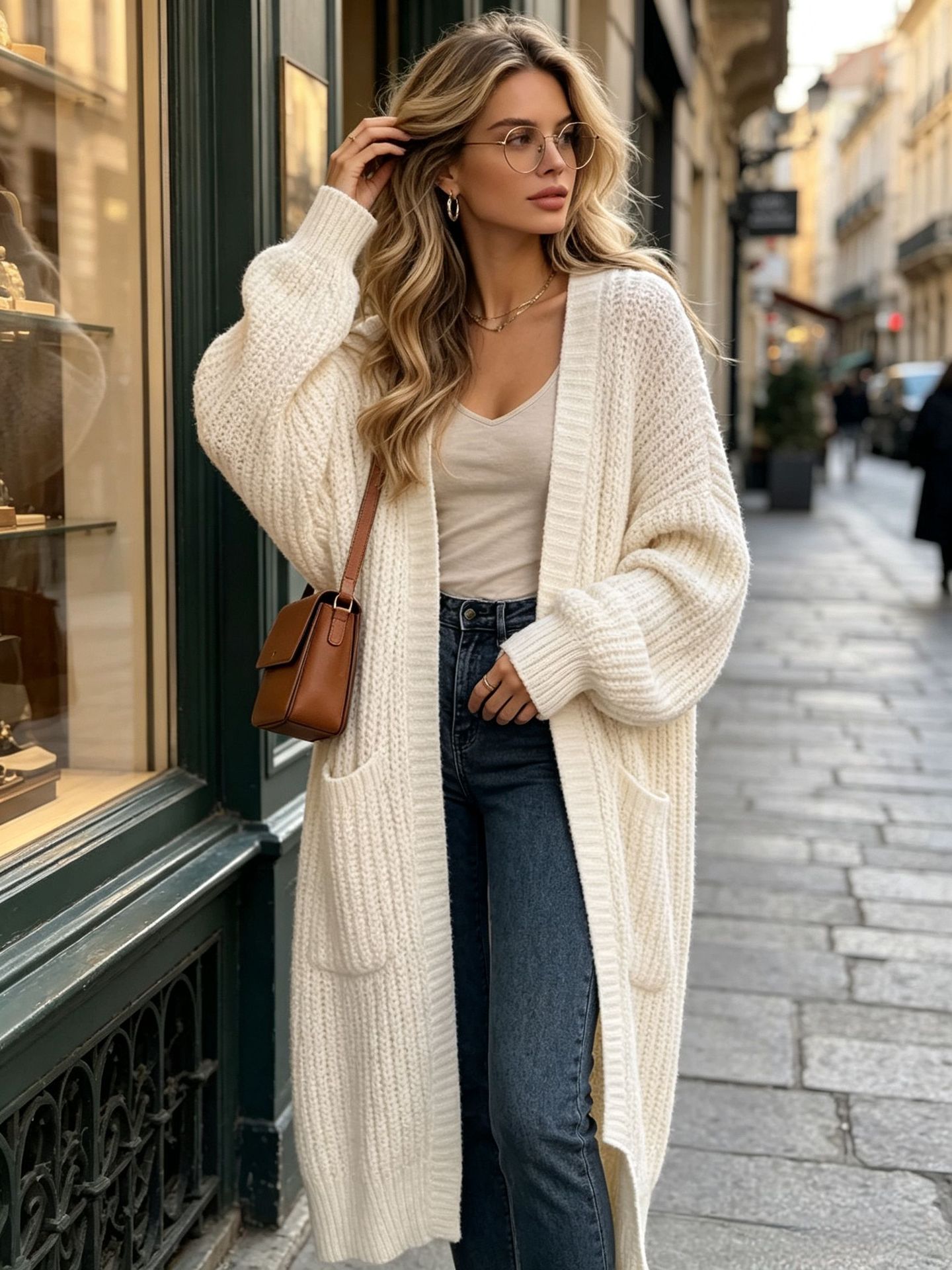 Suéter de rodilla grueso de otoño y invierno abrigo femenino suelto versátil fondo de manga larga jersey cardigan perezoso tendencia media y larga