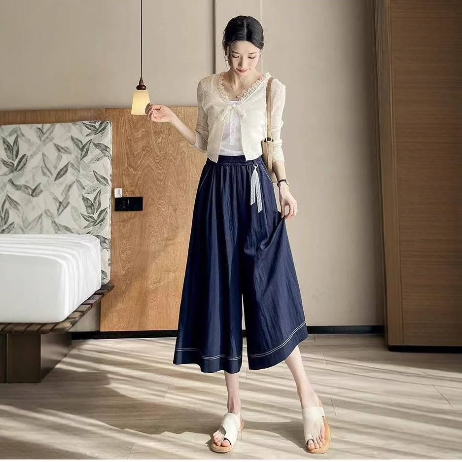天丝牛仔八分裙裤女2025夏季薄款高腰修身显瘦垂感复古百搭阔腿裤