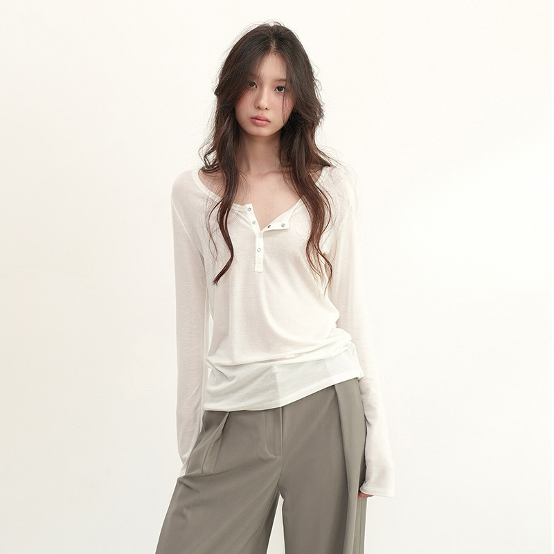 260g Rayon] French White Long-Sleeved T-Shirt for Women Early Autumn Design Right Shoulder Top Slim Fit Inner Layering Shirt