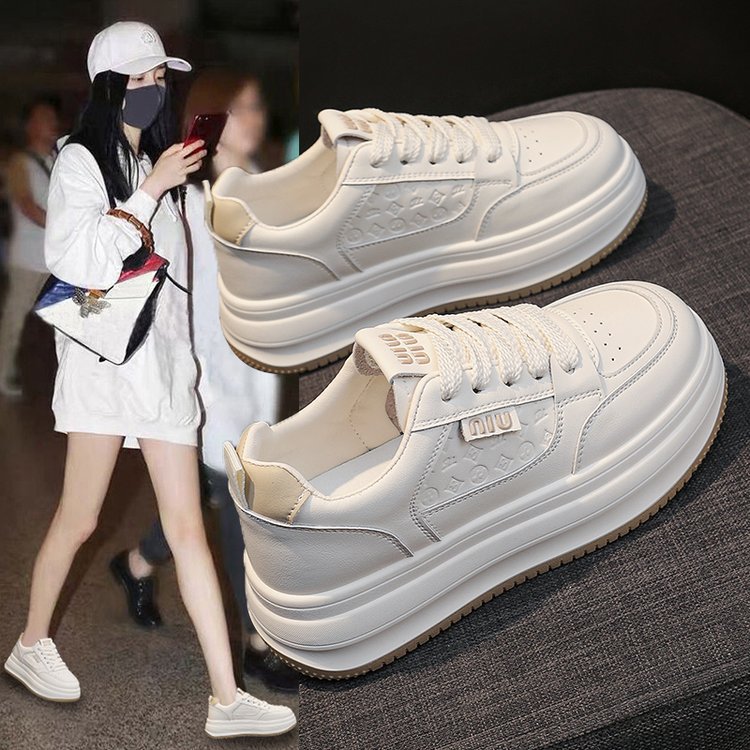 2025春秋新款韩版皮面运动鞋女厚底板鞋跑步鞋女ins透气单鞋B609