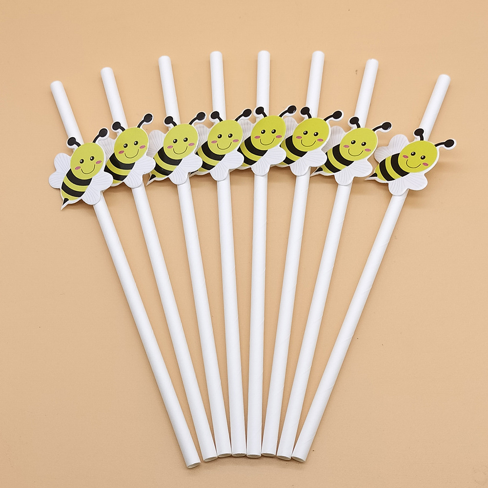 Tarjeta de abeja de paja de papel rojo neto paja decorativa desechable degradable postre leche té fiesta creativa paja