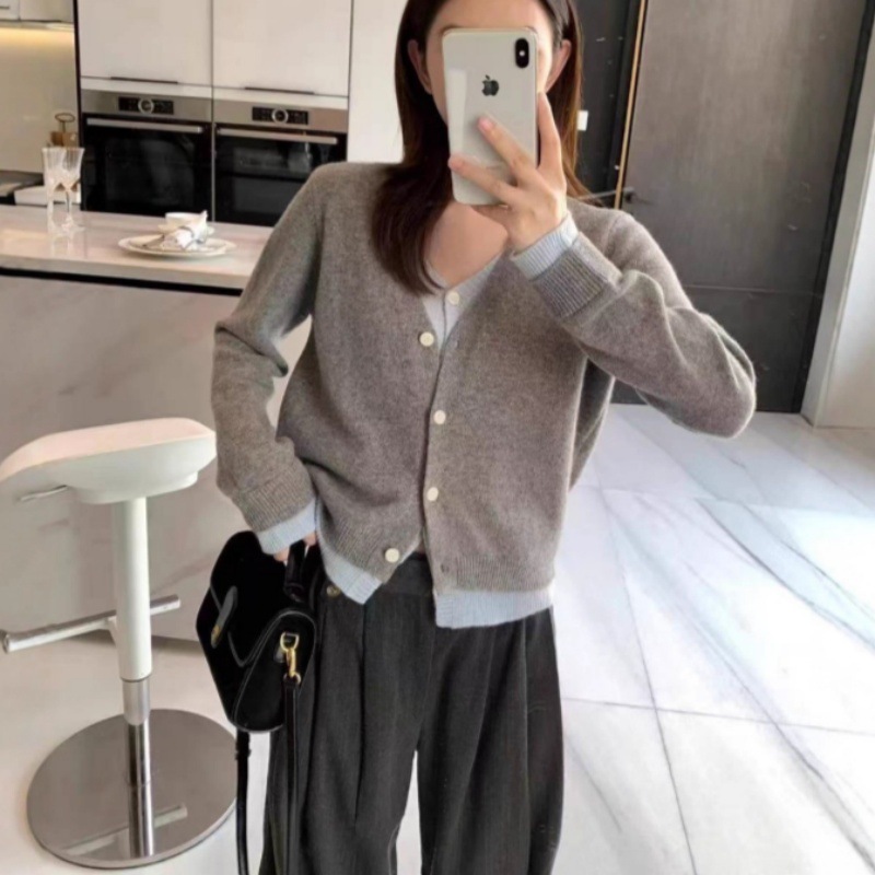 早秋灰色v领假两件针织开衫女秋冬新款慵懒软糯时尚气质女装外套|undefined