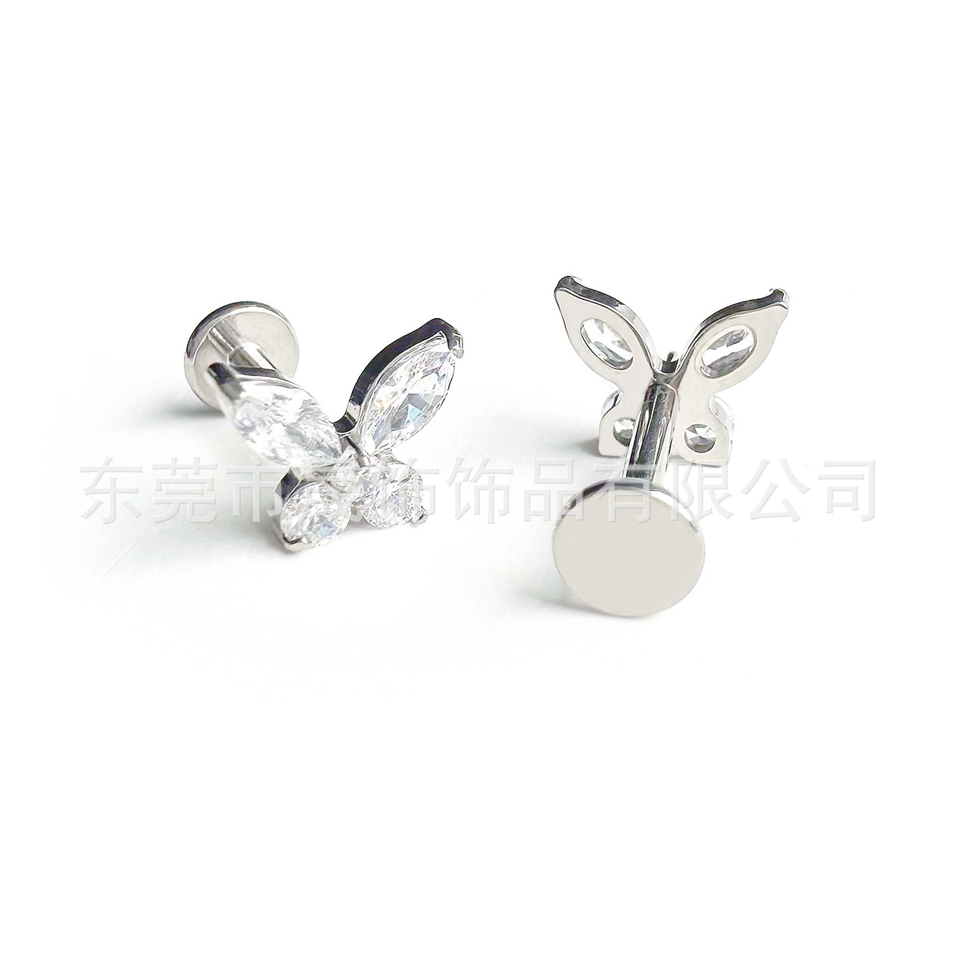 F136 Titanium Studded 五 Diamond Butterfly Ear Stud Cubic Zirconia Labret Stud G23 Implant Grade Titanium Piercing Jewelry Helix Cartilage Stud 风