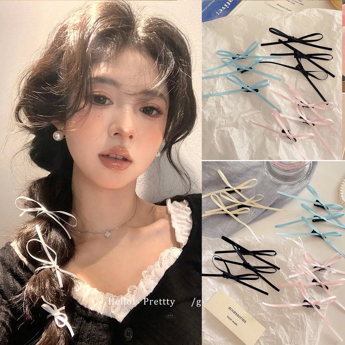 0.3cm Thin Ribbon Multi-Color Bow Hairpin Sweet Ballet Style Ribbon Hair Accessories Super Fairy Braided Hair Accessories