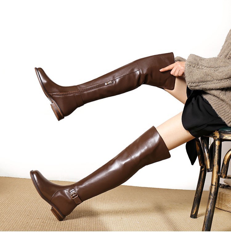 22 New Slim Leg Over Knee Long for Women Low Heel Flat Bottom Black High Barrel Autumn/Winter Single with Velvet Knight_voghion.com