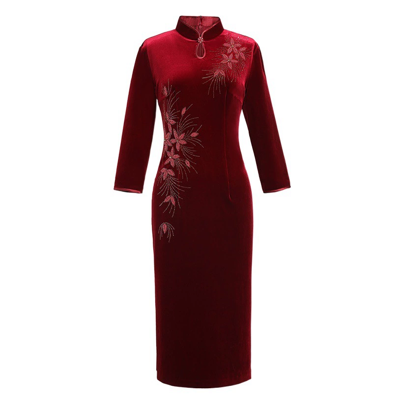 Осеннее новое платье среднего и пожилого возраста с золотой бархатной вышивкой