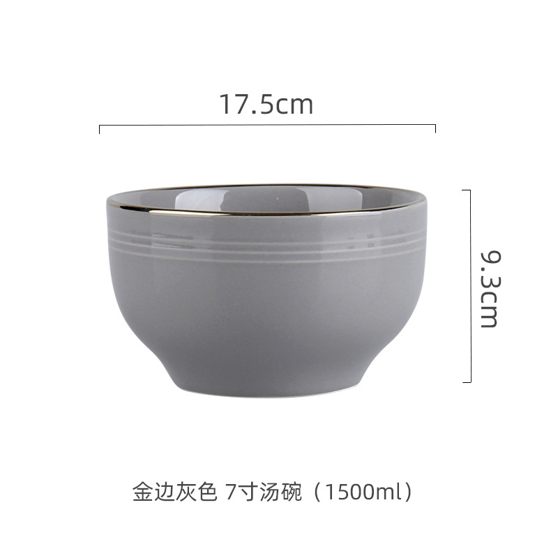 Hogar Nordic borde dorado de cerámica comer tazón grande plato de sopa de fideos plato de arroz negro y gris vajilla
