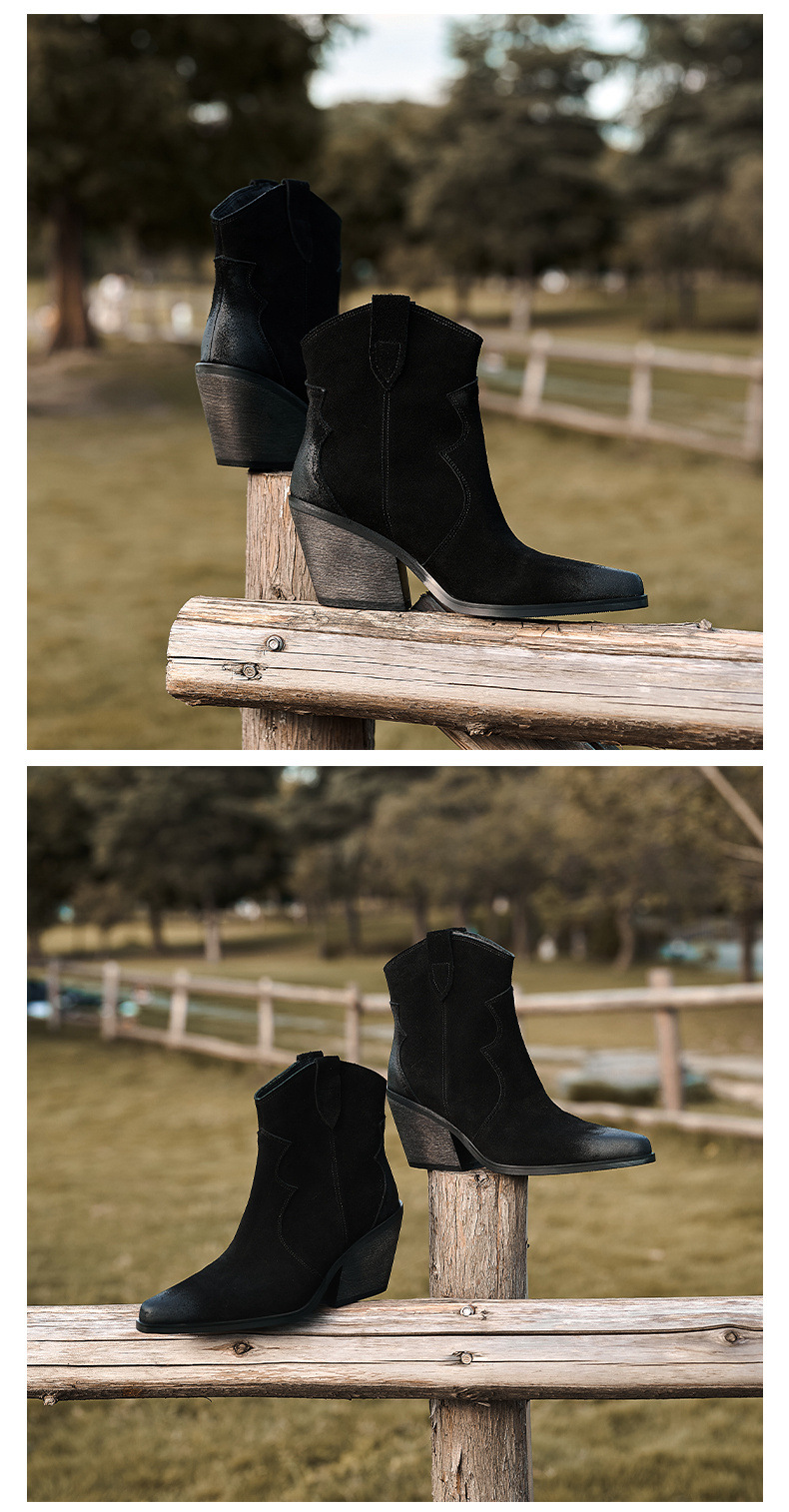 Boot cao bồi nữ da lộn mũi nhọn gót thô cổ thấp — Lớp lót nhung màu kaki chi tiết 6