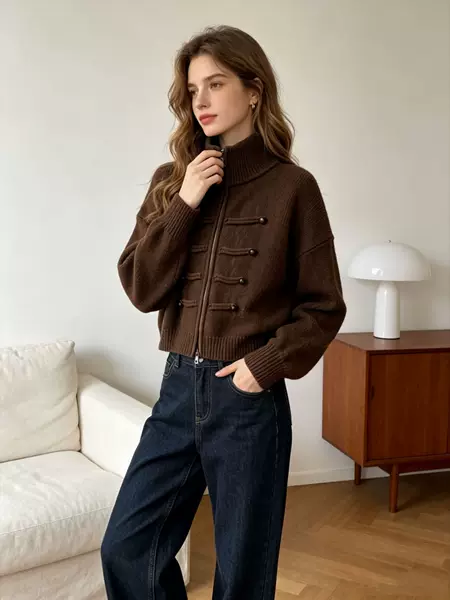 European and American style niche design short knitted cardigan for women, new autumn and winter stand-up collar double zipper sweater jacket