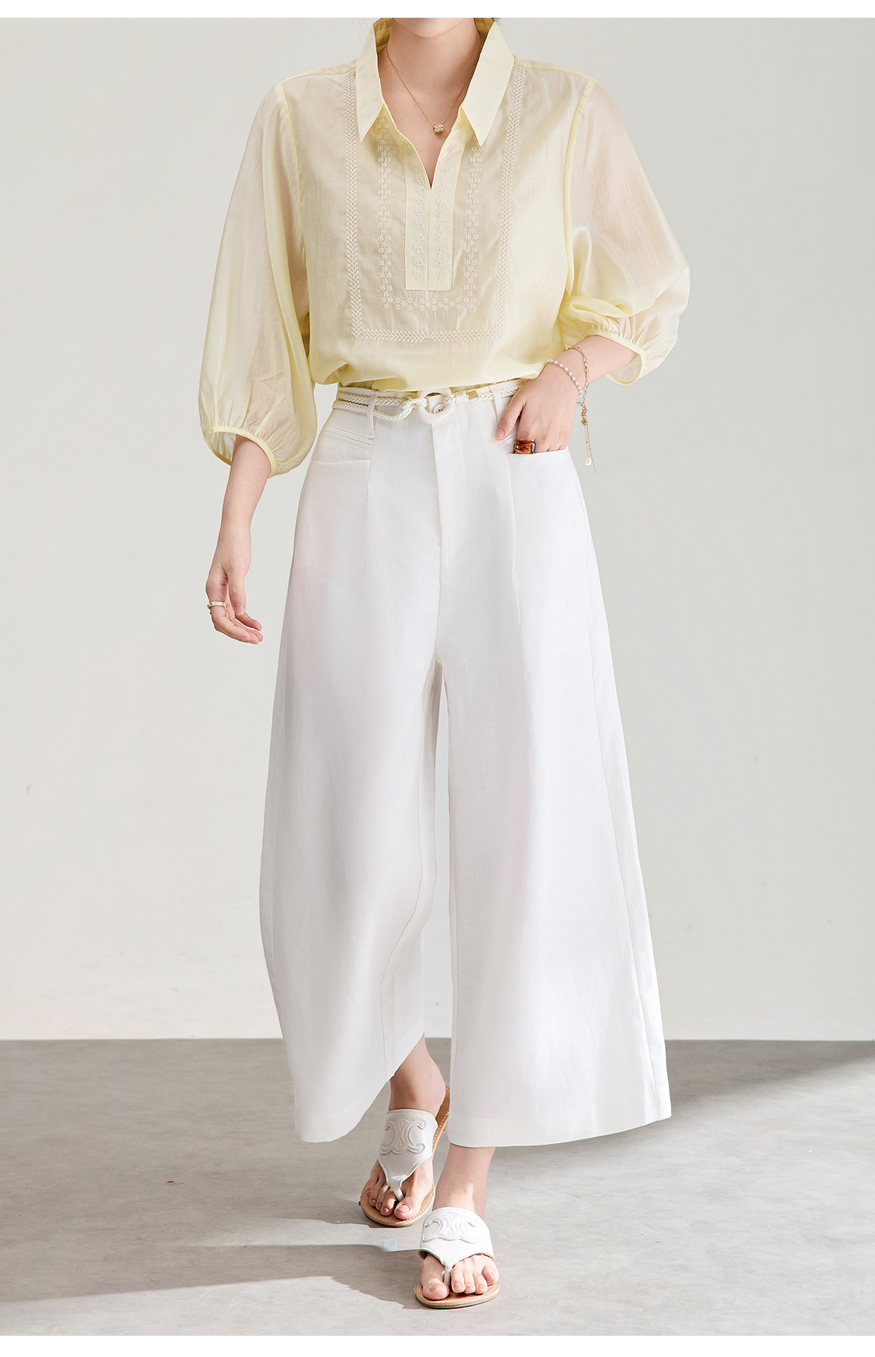 Quần culottes nữ ống rộng chất liệu linen phối sợi tencel, cạp cao dáng suông, mặc mùa hè thoáng mát — Xanh lông mòng đen chi tiết 26