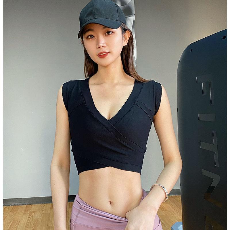 瑜伽服女上衣性感V领无袖背心修身显瘦速干T恤运动跑步露脐背心