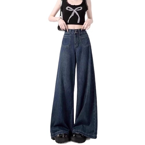 American large size retro jeans, women's spring and autumn fat mm pear shaped figure, loose high waist, slimming, wide leg floor pants