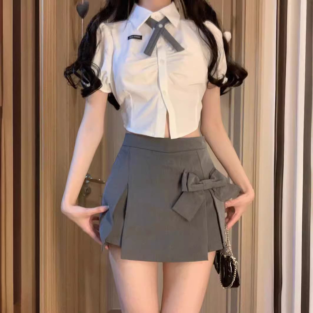 Age-reducing bow skirt girls' summer design suit high waist short skirt A- Line pantskirt unique chic