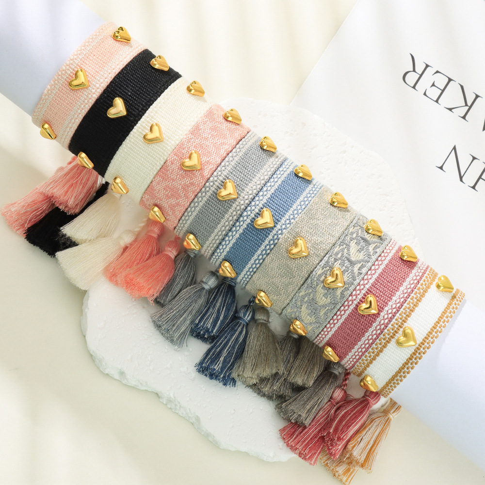 8g Weight Drawstring Bracelets Classification 1 Piece Quantity Holiday, Daily Occasion Polyester, Metal Material Heart Shape Pattern Women's Gender Embroidery, Tassel Design Simple Style Style Simple Style Heart Shape Polyester Metal Embroidery Tassel Women's Drawstring Bracelets 3