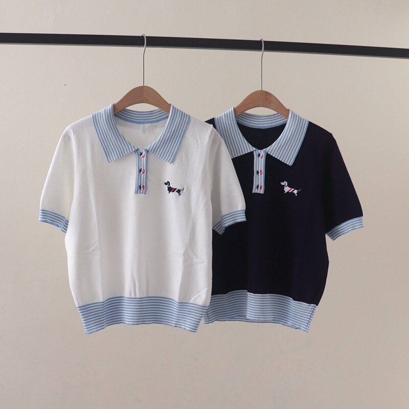 Summer New Polo Collar Preppy Style Chest Puppy Embroider Contrasting Short-Sleeved Knitwear T-Shirt Top Summer New Polo Collar Preppy Style Chest Puppy Embroider Contrasting Short-Sleeved Knitwear T-Shirt Top