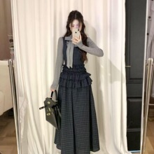 韩版2025冬季 新款日系vintage设计穿搭蝴蝶结上衣格纹连衣裙套装