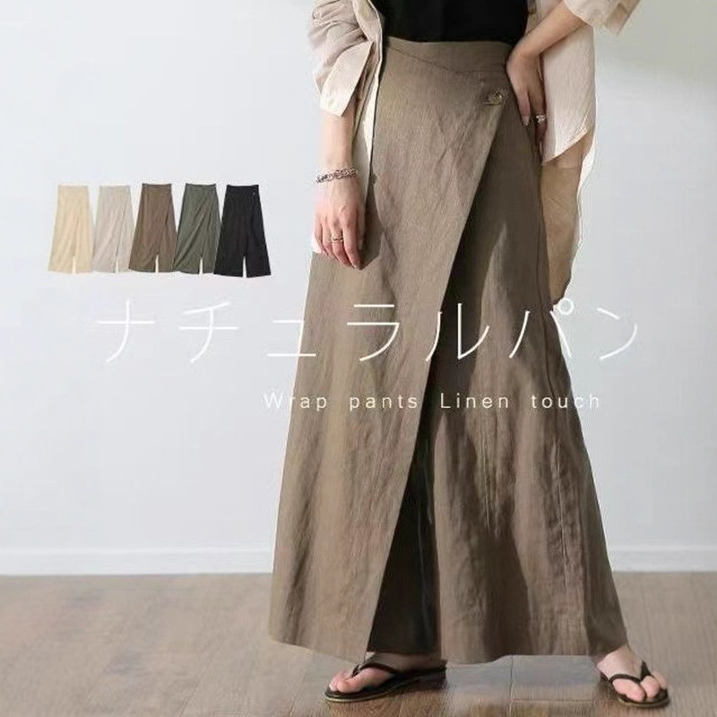 2025 Spring/Summer/Autumn New Cross-Border Loose Skirt Pants Simple High-Waisted Button Slimming Wide-Leg Pants Irregular Long Pants for Women