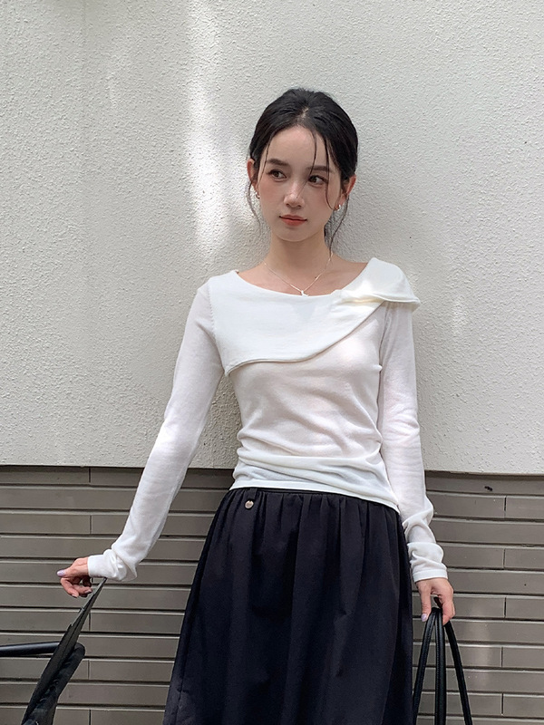 衣尔衫 秋韵 羊毛设计感荡领针织衫女修身超长袖韩系显瘦上衣0601|undefined