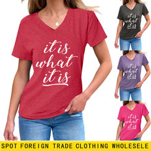 it is what it is简约休闲气质女士V领短袖夏季ebay独立站亚马逊