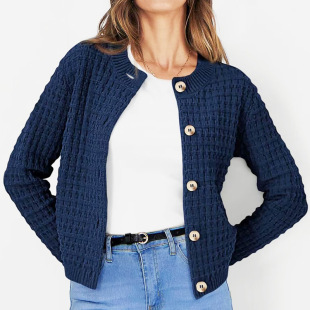 Amazon Hot Women's Elegant Round Neck Knitted Top Vintage Casual Single-Breasted Long Sleeve Cardigan Sweater Jacket