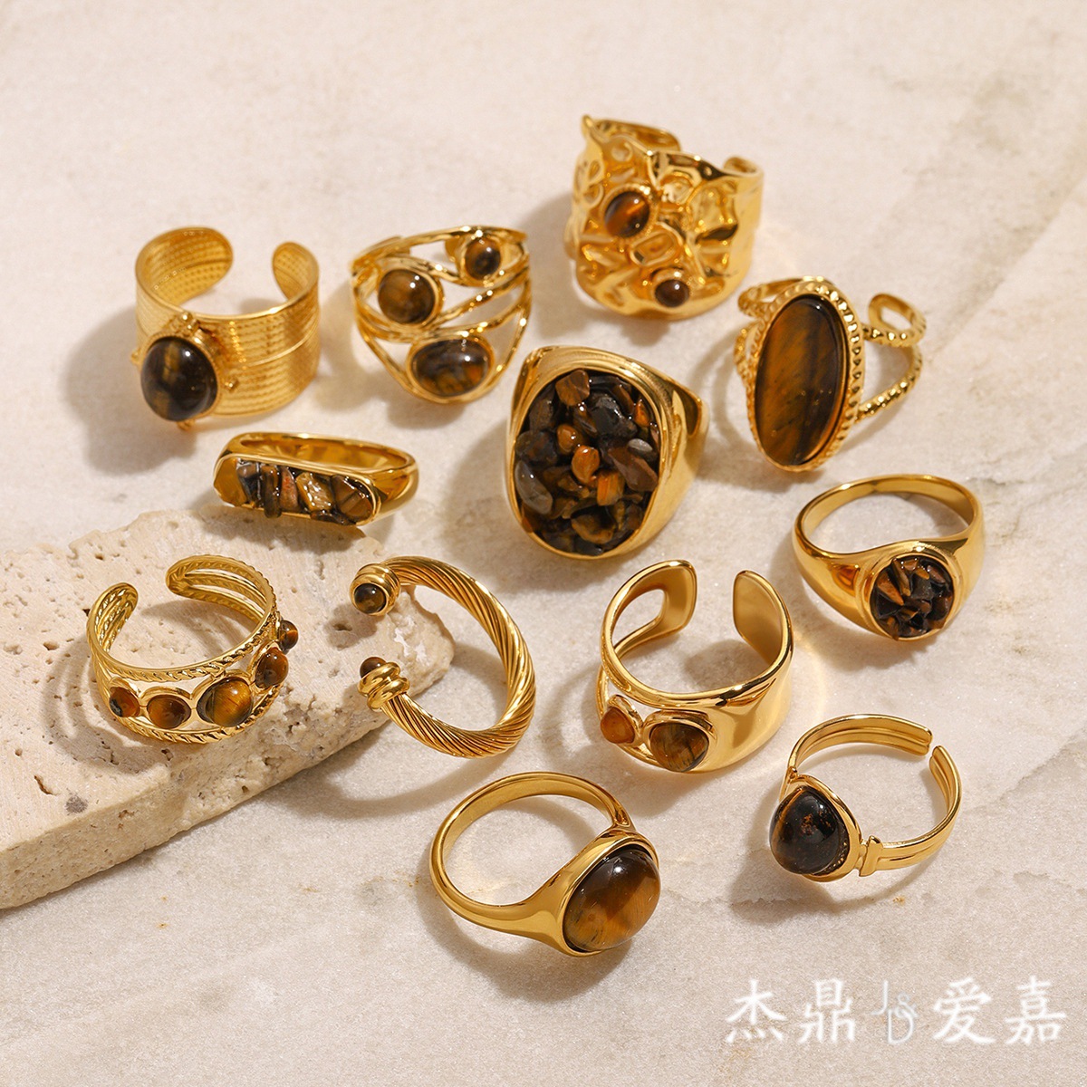 Jieding European and American Tiger Eye Stone Ring, Niche High-End Jewelry, Titanium Steel Non-Fading Jewelry for Women, Cross-Border Ring Wholesale