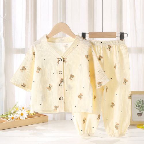 Children's thin pajamas set baby pure cotton Korean style home clothes for boys and girls breathable gauze cardigan air-conditioned clothes