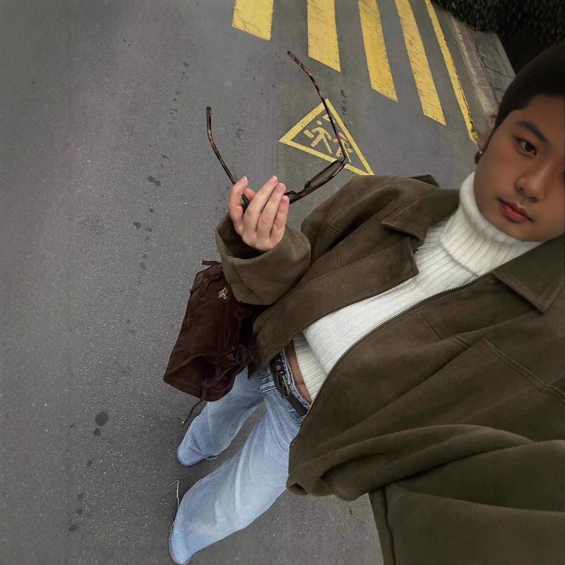 实拍-2025春季新款法式复古拉链翻领松紧麂皮绒宽松短款外套女|undefined