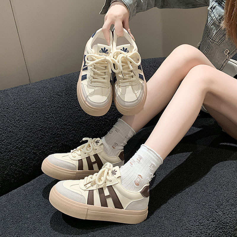百搭学生系带帆布鞋休闲运动板鞋女2025新款春秋厚底德训鞋小白鞋|undefined