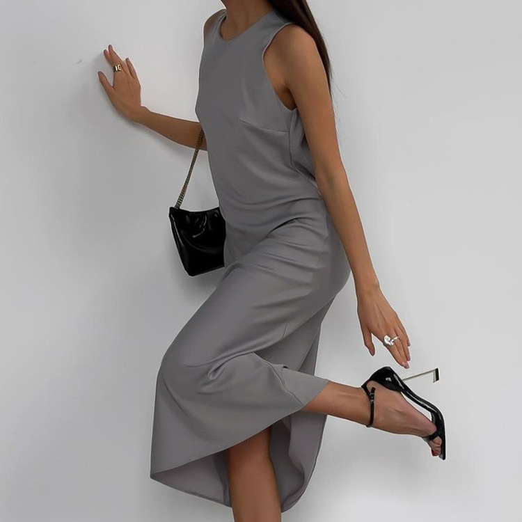 Neck Sleeveless Vest Dress Solid Color Slim Fit Slimming Base Maxi Dress
