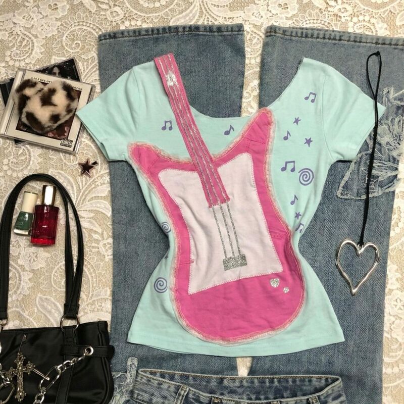 Subculture Sweet Retro Guitar Print Short-Sleeved T-Shirt for Women Summer Hot Girl Rock Short Tight Top for Girls Subculture Sweet Retro Guitar Print Short-Sleeved T-Shirt for Women Summer Hot Girl Rock Short Tight Top for Girls