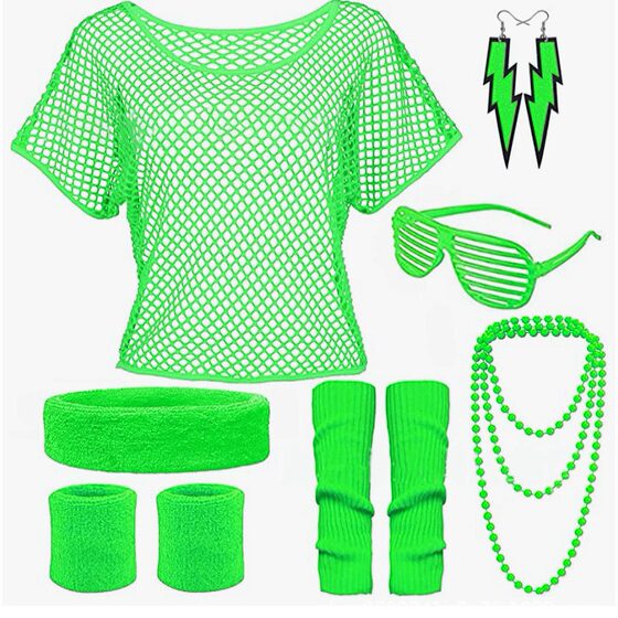 European and American neon color party dance fishing net short-sleeved earrings necklace leg cover wristband glasses seven-piece set one generation