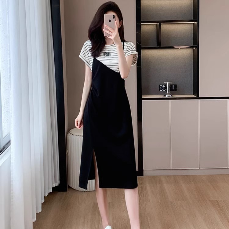 女性用フレンチフェイクツーピースドレス、夏の新しい大きいサイズ、ファッショナブルでおしゃれなお腹カバー、スリムでカジュアルなスリットロングスカート|undefined