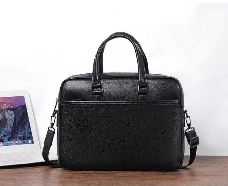Túi xách tay nam da bò thật 39×10×29 cm có hai ngăn khóa kéo, đeo chéo một vai — Màu đen chi tiết 20