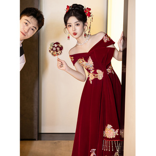 New Chinese-Style Toast Dress for the Bride, 2025 New Model, Off-The-Shoulder Burgundy Engagement Dress, Can Be Worn Casually as a Wedding Dress