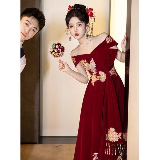 New Chinese Toast Dress Bride 2024 New One-Shoulder wine red Engagement Dress Usually Wear Wedding Dress