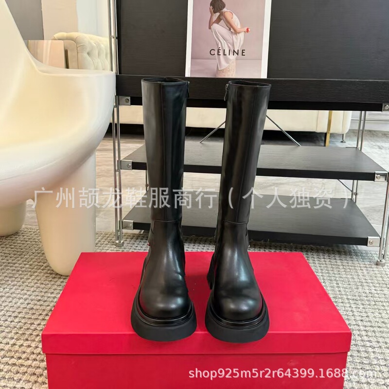 高端小众2025秋冬真皮圆头复古松糕厚底链条侧拉链高筒显瘦骑士靴|undefined