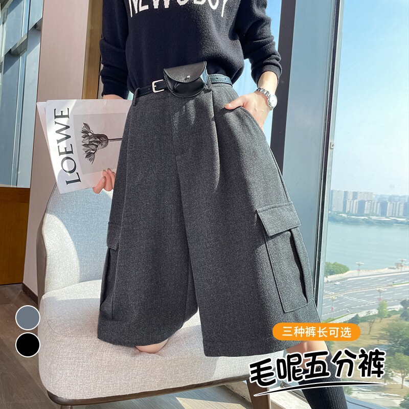 American-Style Cool Gray Woolen Wide-Leg Cargo Pants for Women, Autumn and Winter Outerwear, Mid-Length Pants for Petite Women, Woolen Suit Pants