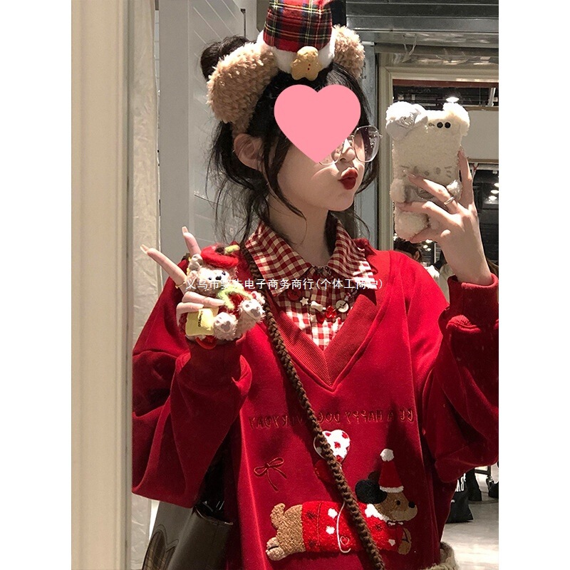 Polo collar faux two-piece red sweatshirt for women, autumn and winter, fleece-lined, thickened, petite size, Korean style, casual loose top Polo collar faux two-piece red sweatshirt for women, autumn and winter, fleece-lined, thickened, petite size, Korean style, casual loose top