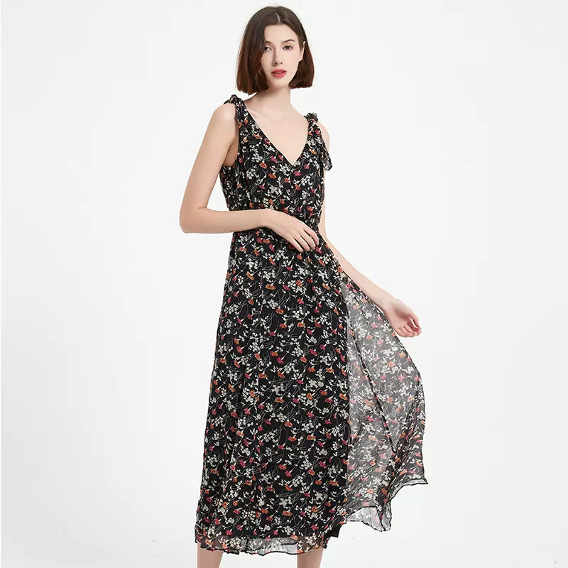 【特价】真丝V领印花吊带裙度假风长款连衣裙桑蚕丝性感显瘦裙子