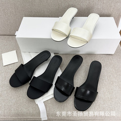 目を閉じて買え! フレンチスタイルのThe*Rowシルクサテン小猫ヒールスリッパ、レトロな本革ミドルヒールオープントゥスリッパ（女性用）