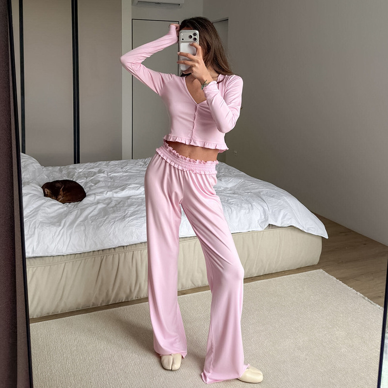2026 New European and American Style Knitted V-Neck Top and Flared Pants Two-Piece Set, Cool Sleepwear for Women, Summer Loungewear That Can Be Worn Outside 2026 New European and American Style Knitted V-Neck Top and Flared Pants Two-Piece Set, Cool Sleepwear for Women, Summer Loungewear That Can Be Worn Outside