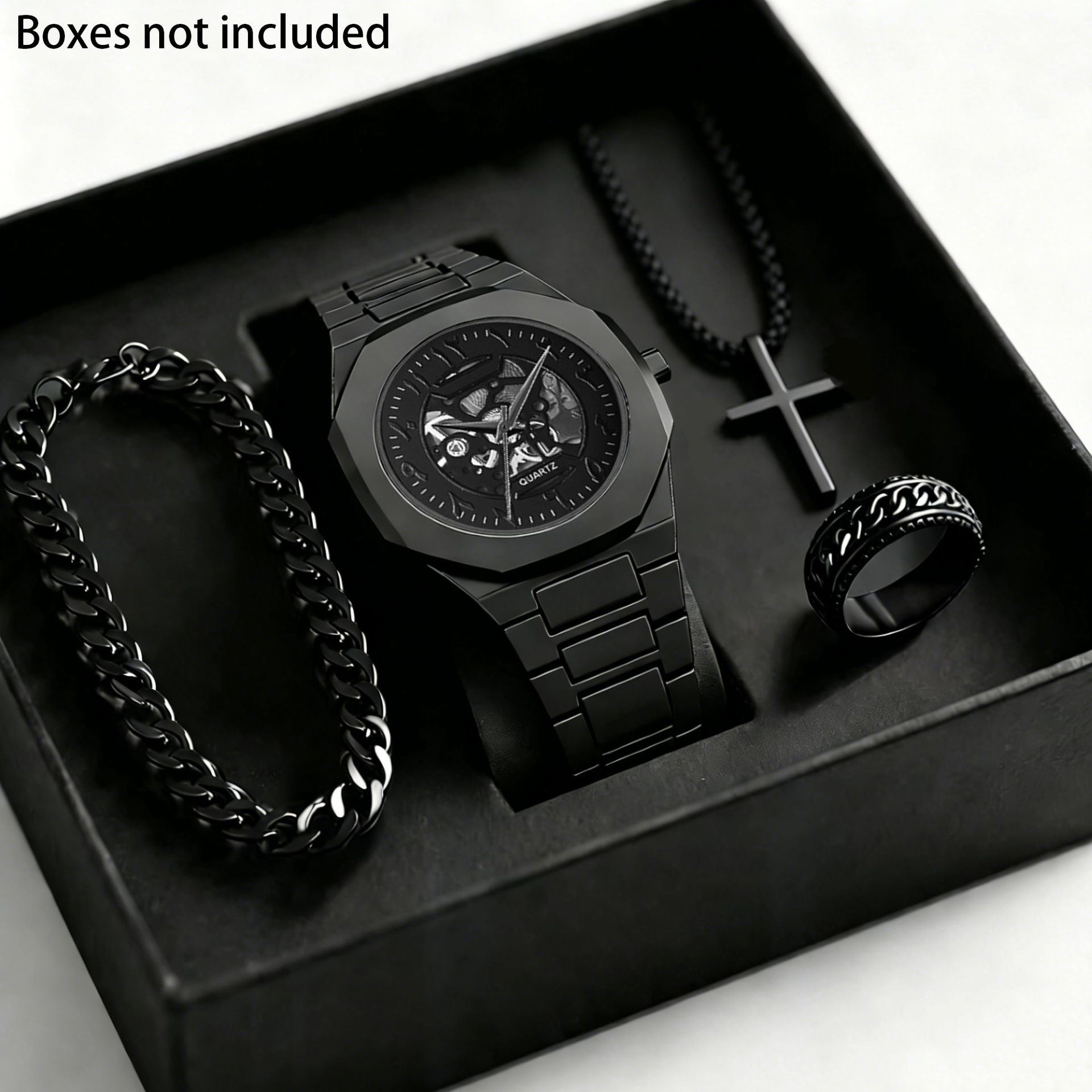 Transfronterizo explosión de moda de Oriente Medio relojes de cuarzo de moda de hombre relojes de pulsera negros anillo collar conjunto caja de regalo image 12