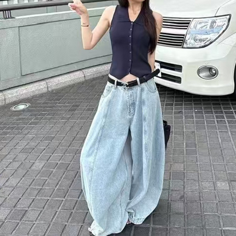 Petite American Retro Washed Distressed Scimitar Jeans for Women, Loose High-Waisted Wide-Leg Pants