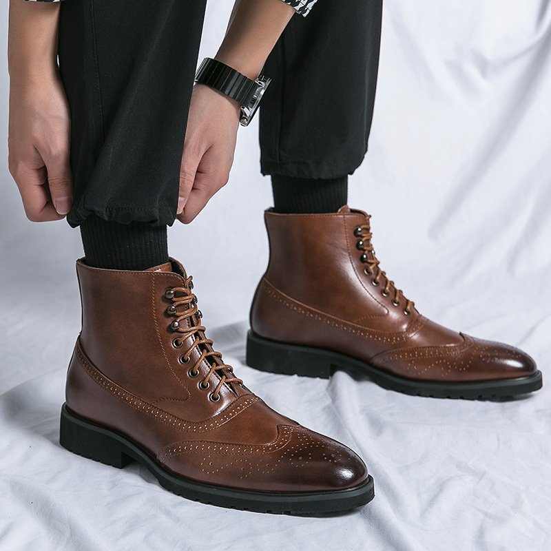 Distressed Leather Brogue Boots For Men High Top Formal Shoes_voghion.com
