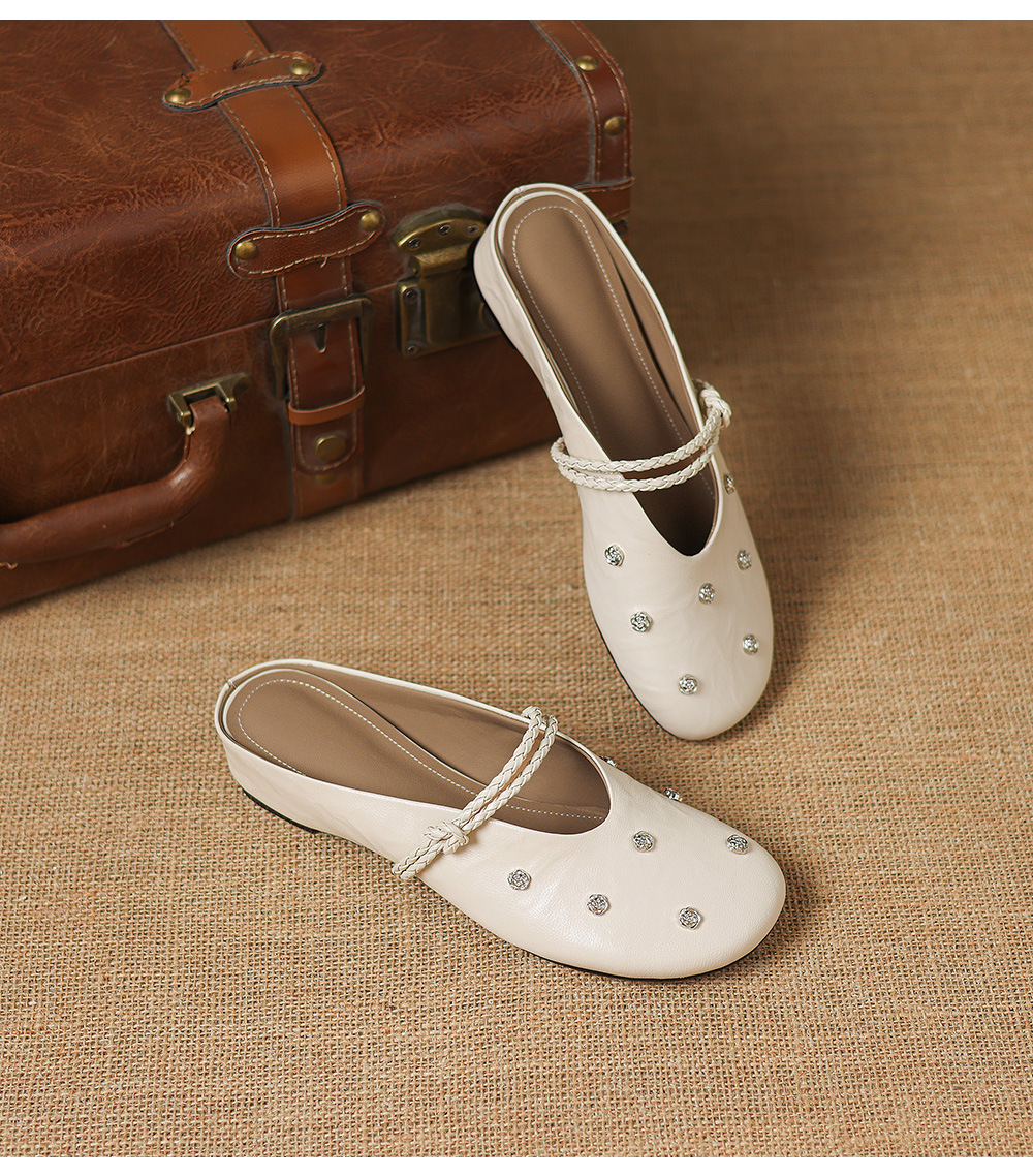 Sandal nữ mũi bít da dê quai ngang gót thấp — đen chi tiết 16