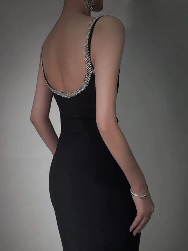 Black Sexy Rhinestone Strap Dress Women's Temperament Backless Slimming Light Luxury Party Banquet Small Dress 9893 Black Sexy Rhinestone Strap Dress Women's Temperament Backless Slimming Light Luxury Party Banquet Small Dress 9893