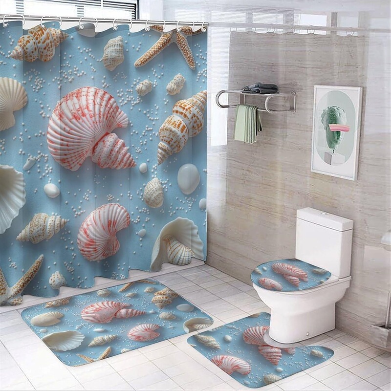 Cross-Border Bathroom Four-Piece Set with Fresh Ocean Style Shell and Starfish Print Shower Curtain, Floor Mat, Toilet Seat Cover, Bathroom Set Cross-Border Bathroom Four-Piece Set with Fresh Ocean Style Shell and Starfish Print Shower Curtain, Floor Mat, Toilet Seat Cover, Bathroom Set