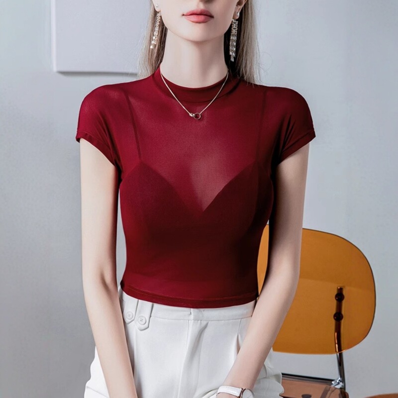 Mesh Short-Sleeved T-Shirt Summer New Short Slim Fit Stand-Up Collar Pure Color Thin Top with Versatile Bottoming Shirt for Women