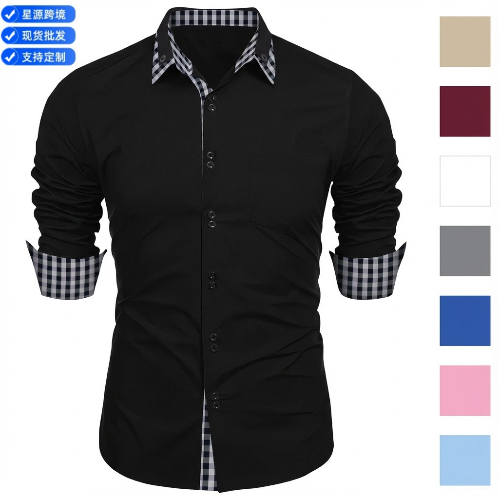 New cross-border fashion men's spring and autumn men's fashion plaid color block business slim fit casual shirt long sleeve shirt