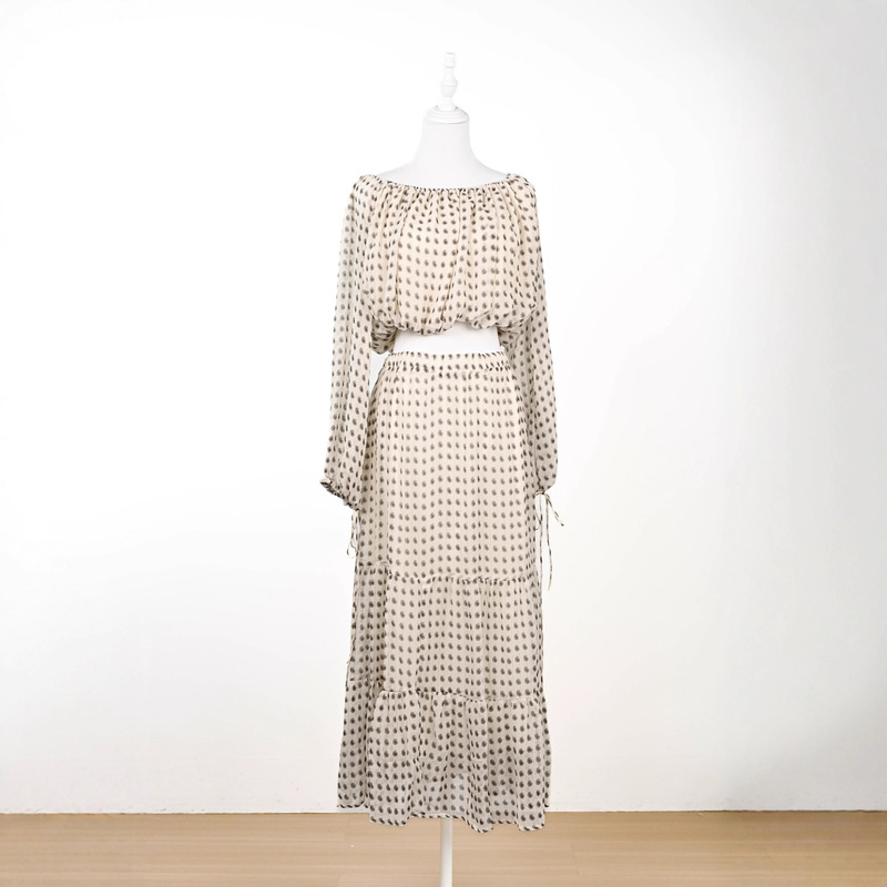 Printed Gold-Threaded One-Line Collar Off-Shoulder Puff Sleeve Ruched Top and Long Skirt Fashion Set for Women Vacation Summer